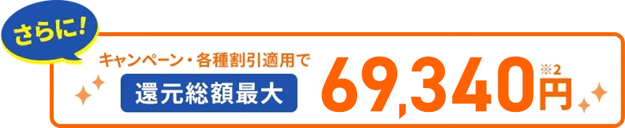 さらに！キャンペーン・各種割引適用で還元総額最大69,340円