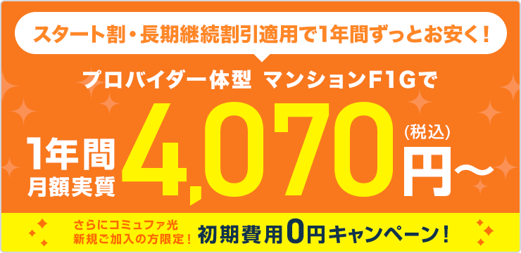 プロバイダ一体型 マンションF1Gで1年間月額実質4,070円(税込)～