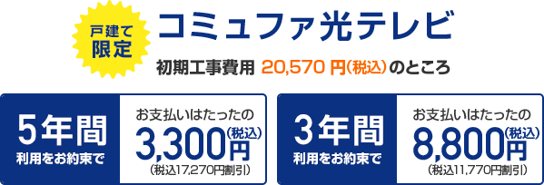 5年間利用をお約束でお支払いはたったの3,300円(税込)(税込17,270円割引)3年間利用をお約束でお支払いはたったの8,800円(税込)(税込11,770円割引)